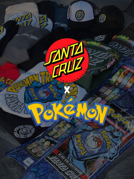 Santa Cruz x Pokémon logos over a display of blind-bag skateboard decks, graphic shirts and hats