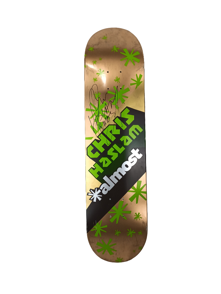 Almost Chris Haslam Autographed Stars Gold Foil Green Grey Size 7.78" Vintage NOS Deck