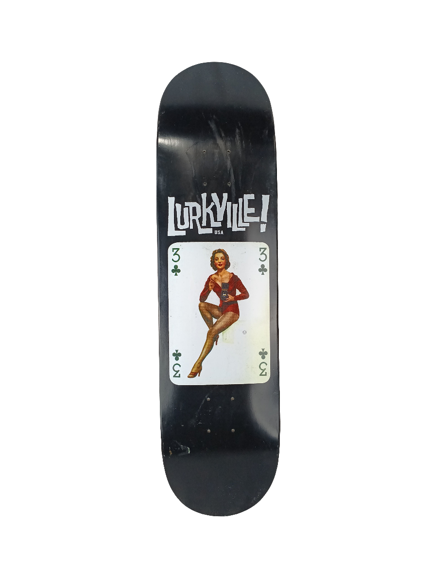Lurkville Three Of Clubs Pin Up Girl White Black Red size 8.25" Vintage NOS Deck